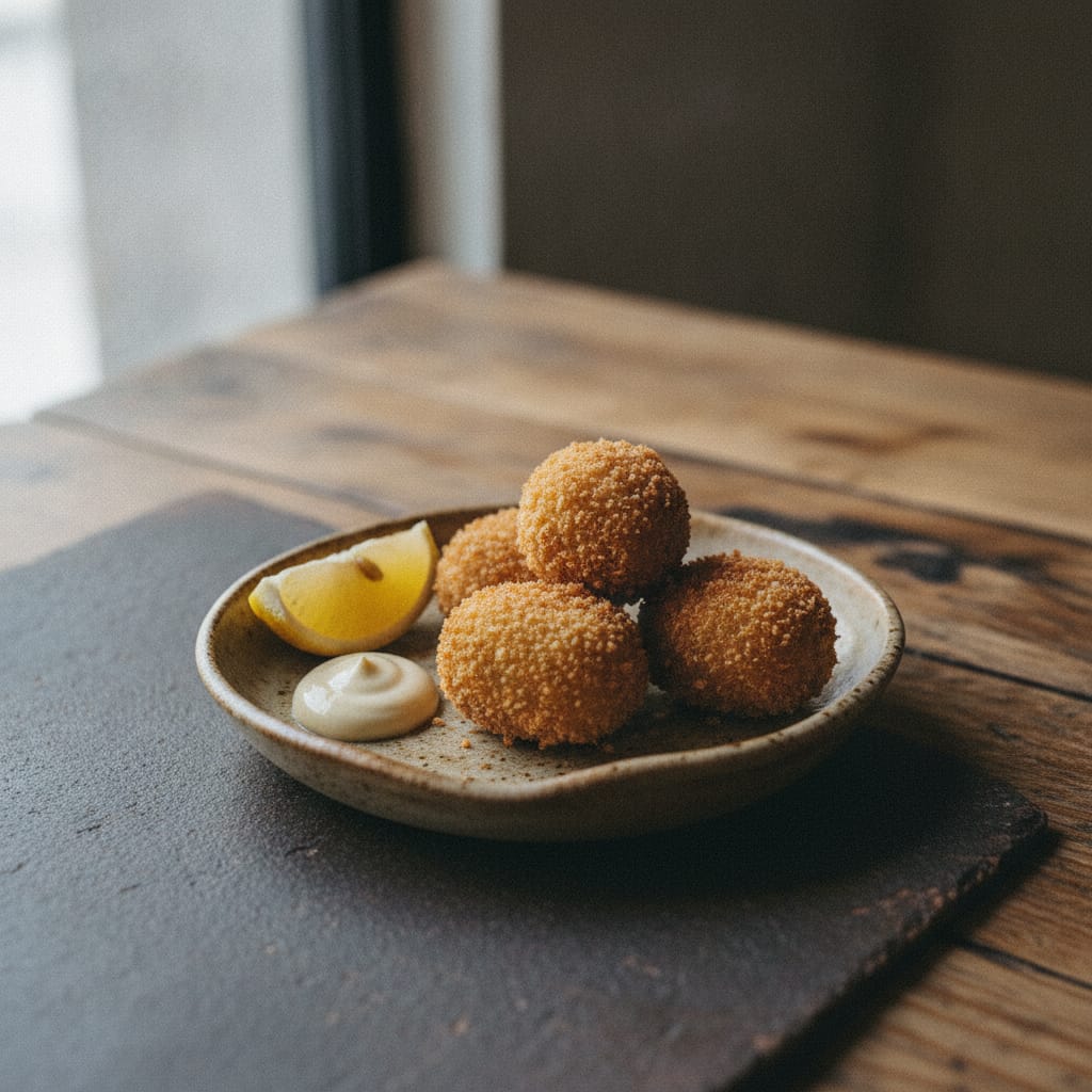 Croquetes de polvo dourados com aioli