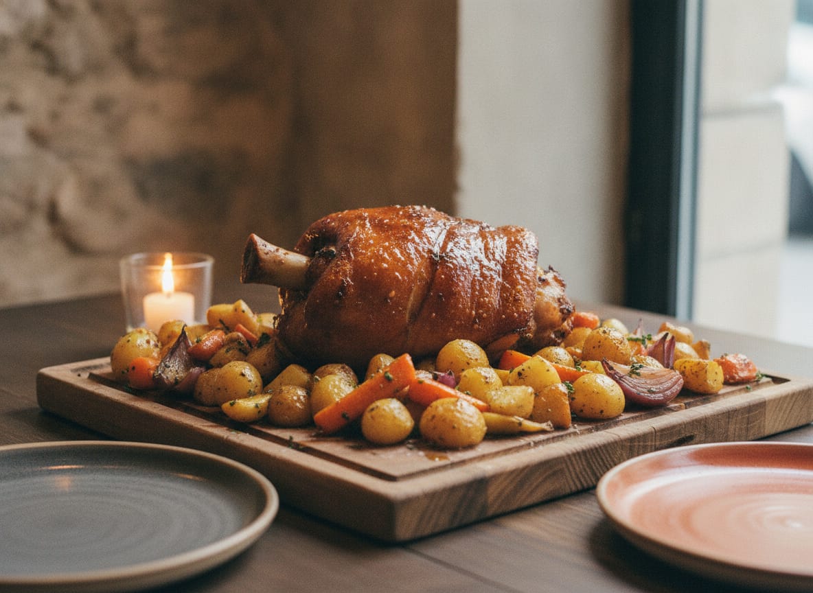 Pernil de porco assado com legumes e batata, para partilhar