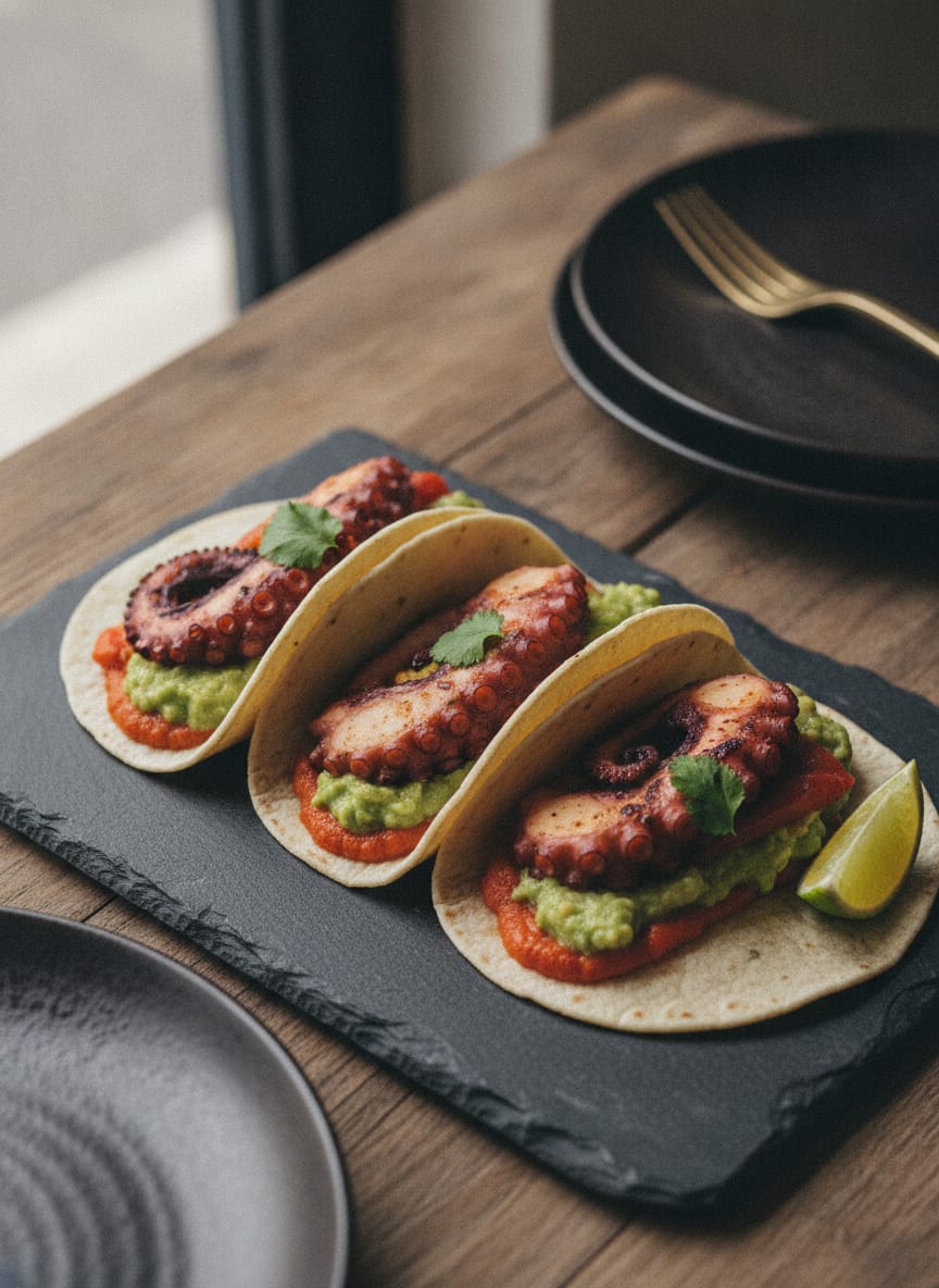 Tacos de polvo com guacamole e puré de pimentos assados